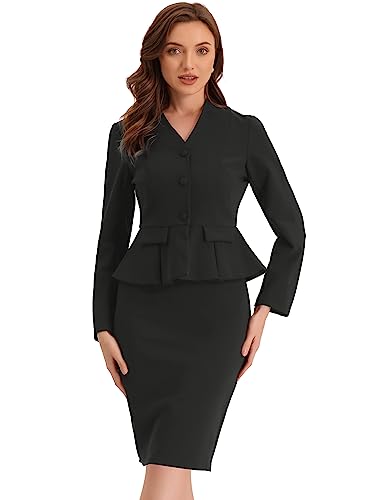 Allegra K 2 Piece Skirt Sets for Women Long Sleeve Blazer and Pencil Skirt Business Suits Small Black