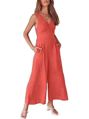 ANRABESS Womens Jumpsuits Summer Linen Wide Leg Sleeveless V Neck Casual Dressy Rompers Pants 2026 Spring Vacation Outfits Peach Small