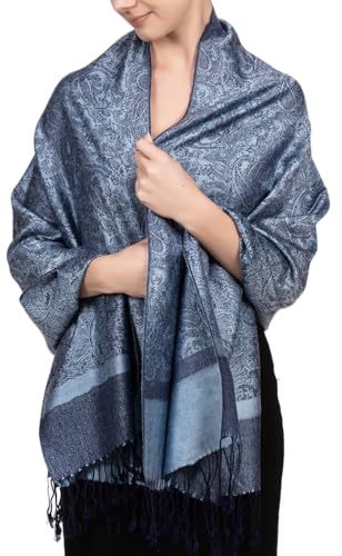 Achillea Two Tone Vintage Jacquard Paisley Pashmina Shawl Wrap Scarf (Steel Blue)