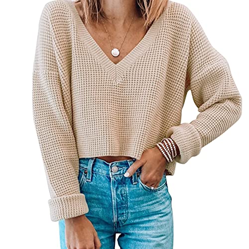 Jumppmile Womens V Neck Long Sleeve Tops Crop Waffle Knit Cropped Casual Loose Pullover Crop Sweater S Beige