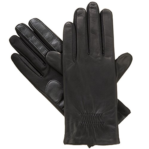 isotoner Women's Classic Stretch Faux and Genuine Leather Touchscreen Gloves, Black-Genuine Leather, Small/ Medium