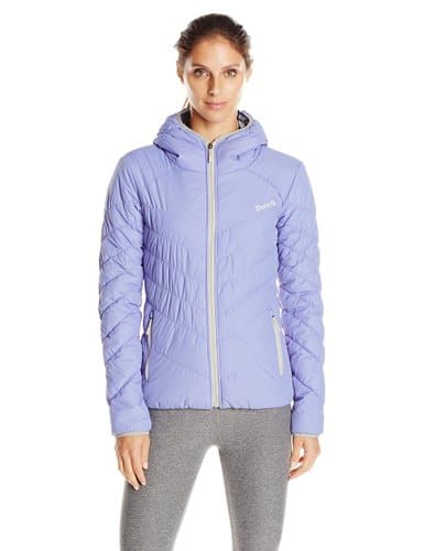 model wearing blue puffy coat