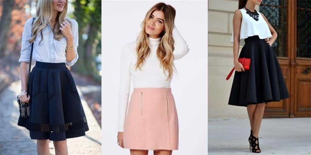 Collage of three outfits featuring A-line skirts.