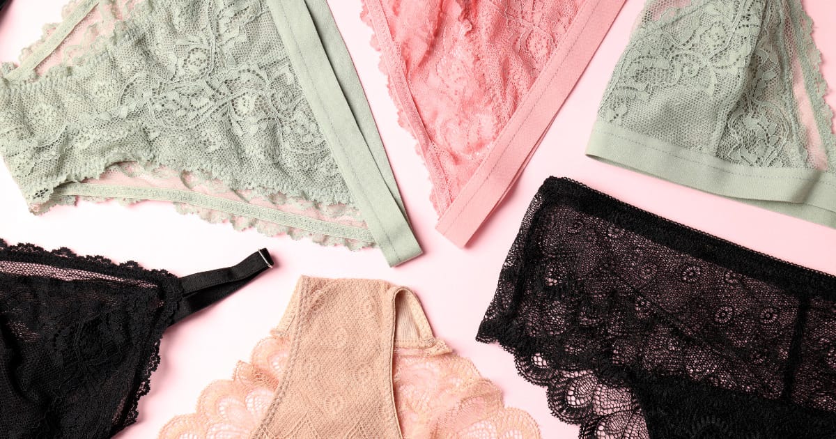 Collage of women's panties on pink background.