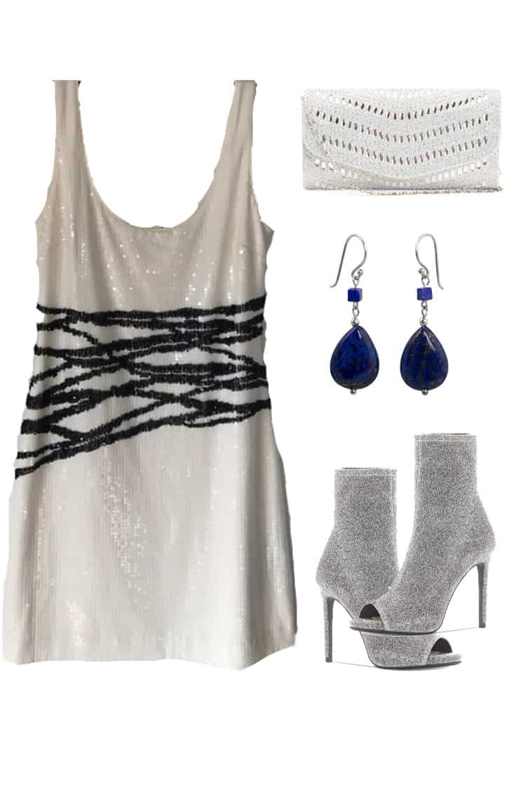 10 stunning ways to wear your open-toe booties 6 Sequined dress with silver booties, blue gem earrings and white textured clutch bag.