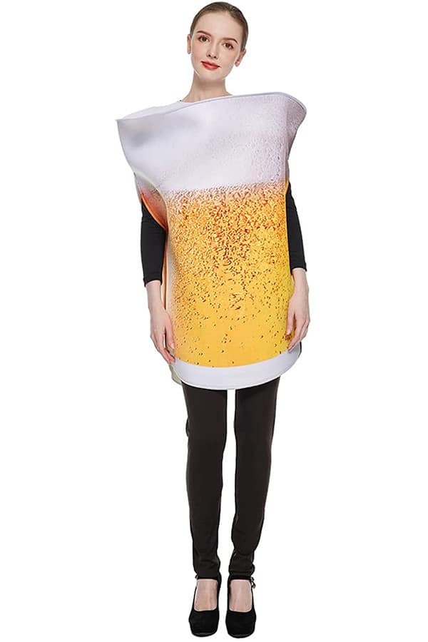 Woman wearing easy Halloween costume -- a glass of beer.