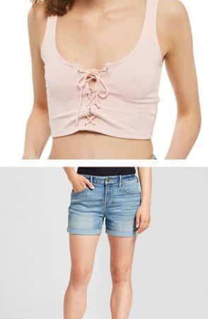 Bralette outfit with denim shorts
