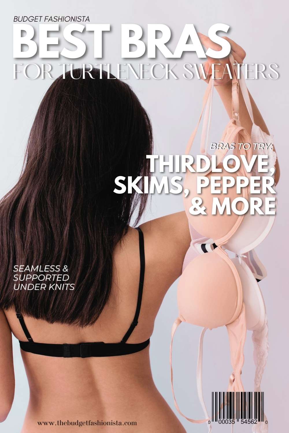 View from behind of woman wearing a bra and holding more bras. 