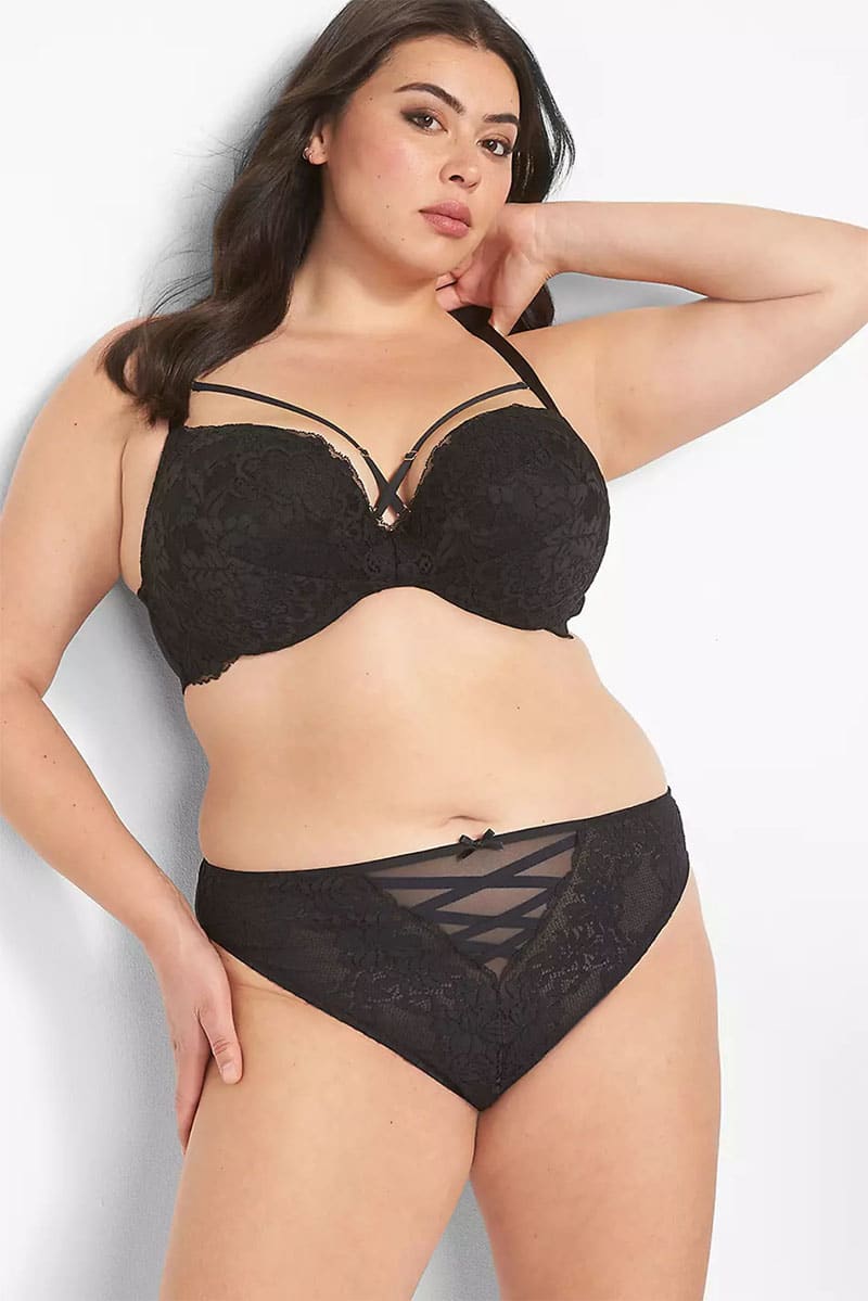 Plus size model wearing black bra and panties.