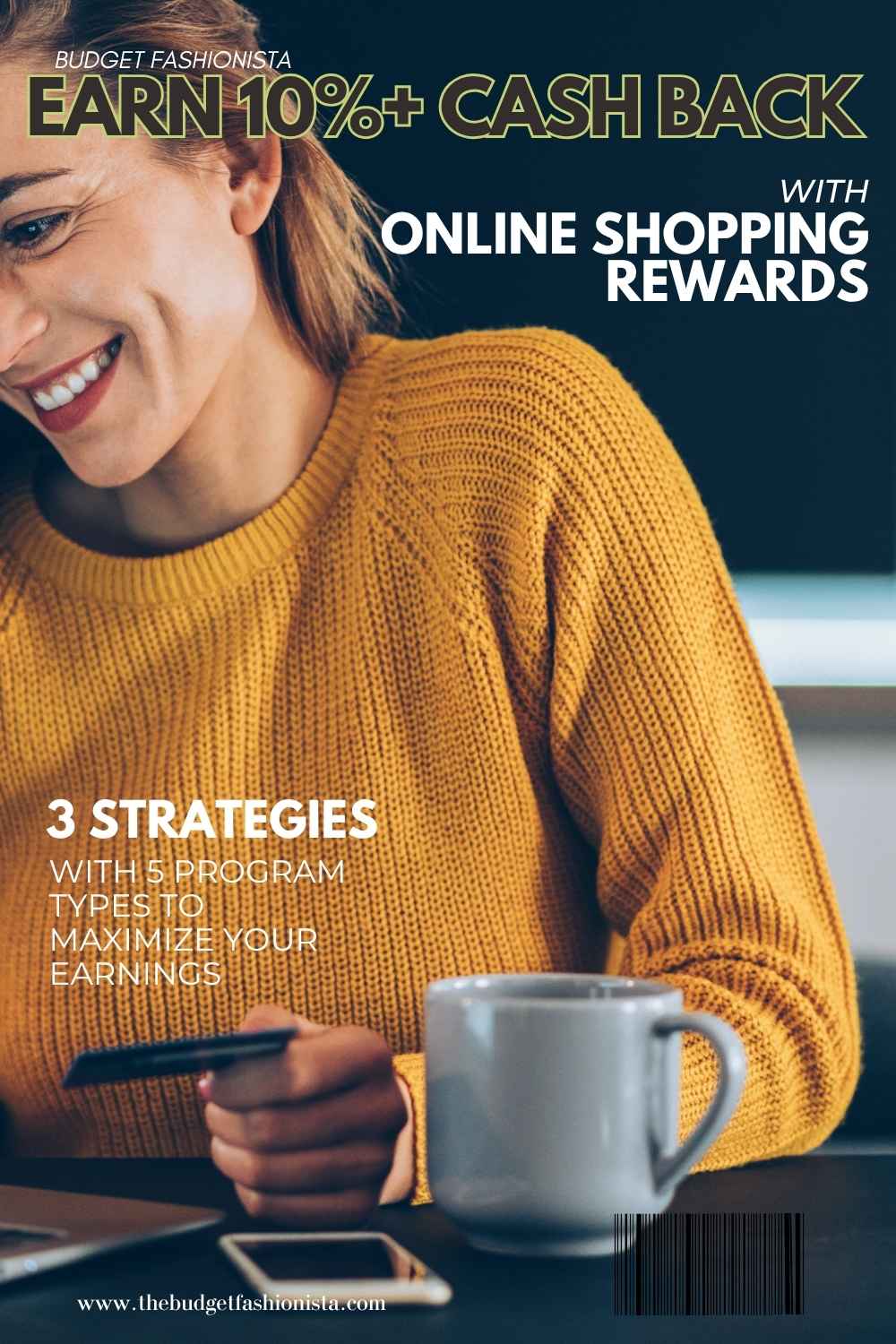 How to earn 10%+ rebates with cash back & online shopping rewards 1 Woman shopping online and smiling while earning cash back rewards.