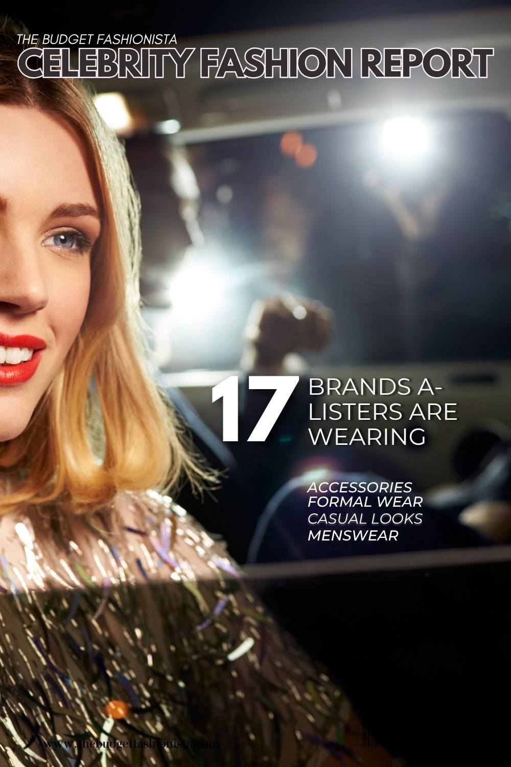 Glamorous celebrity wearing sequined dress in car 