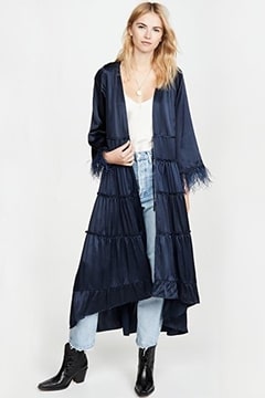 Navy blue kimono with feathers