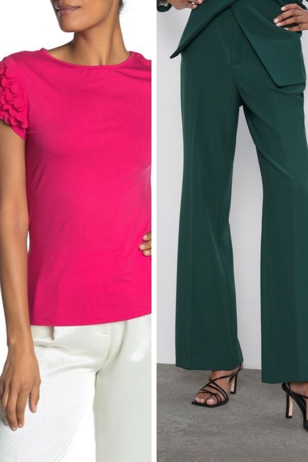 Pink top paired with forest green pants 
