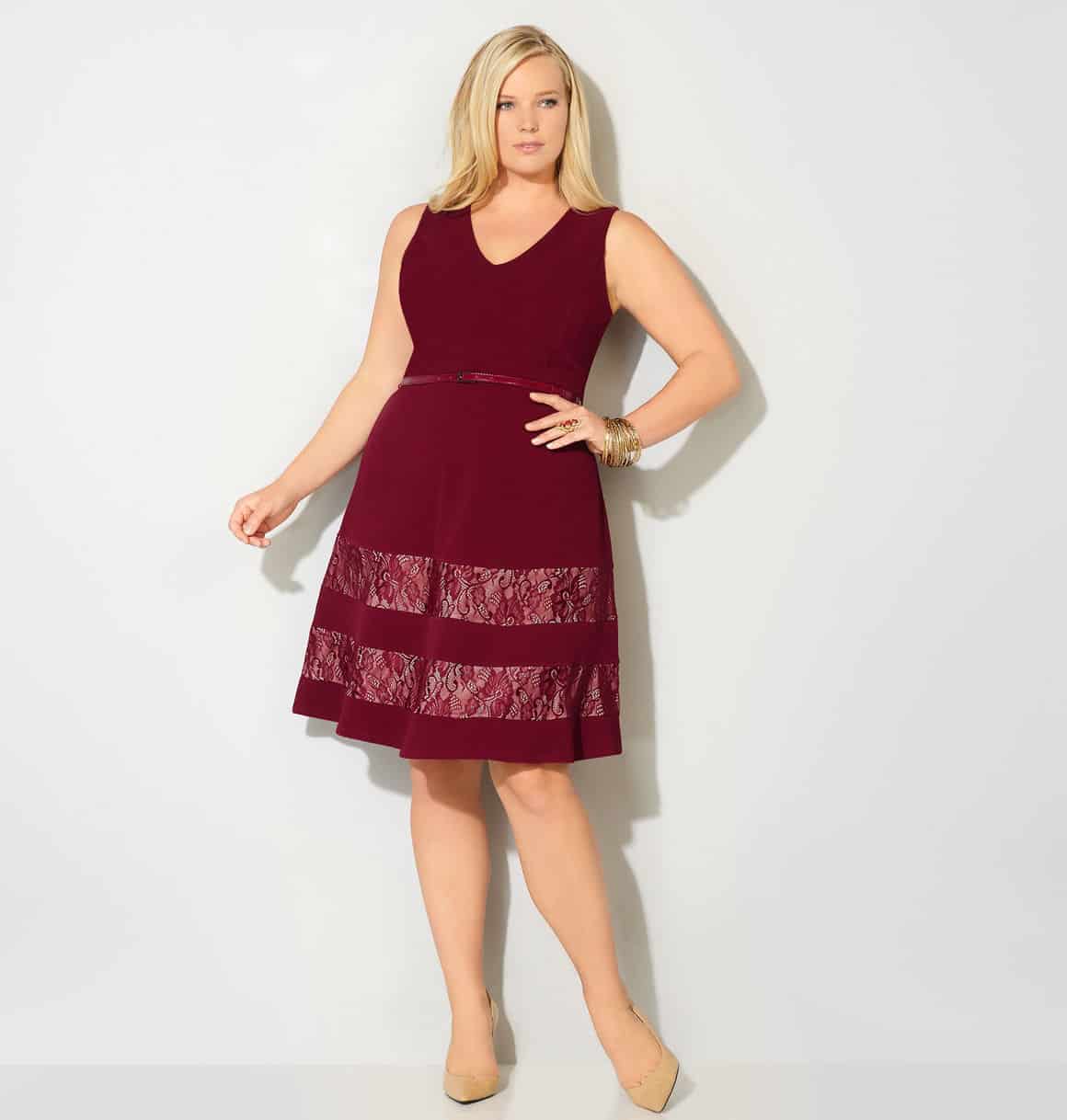 Gorgeous plus size dresses for wedding guests under $50 3 Blond model wearing red fit and flare dress with lace