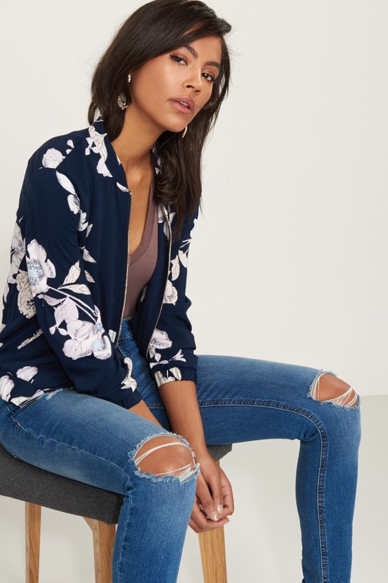 Floral bomber jacket outfit