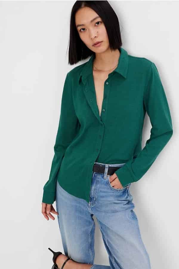 Shop these 14 best fashion and beauty labor day sales & save up to 75% 1 Model wears green button-down top on sale at Gap.