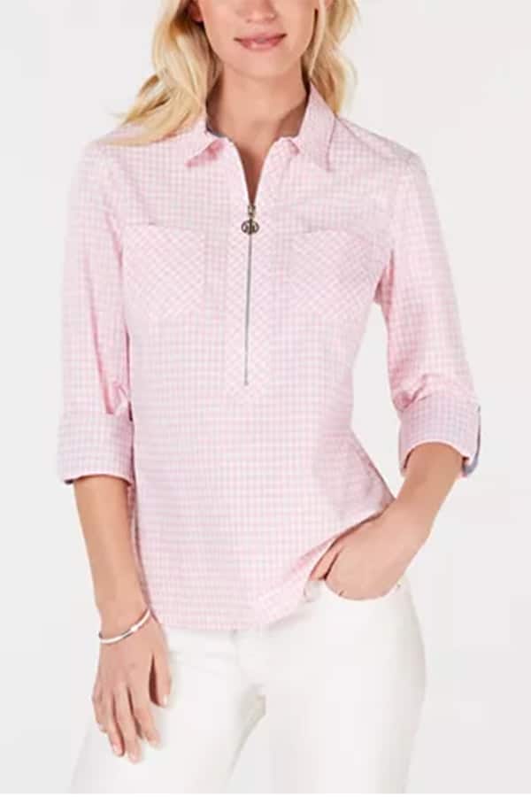 Pink zipup women's gingham shirt