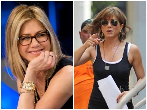 Two pictures of Jennifer Aniston wearing glasses