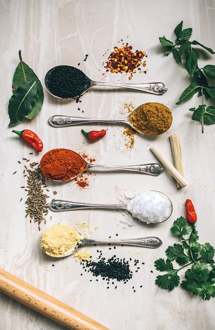 spoons filled with seasonings 