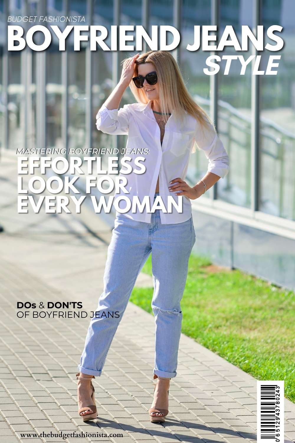 Woman in light blue boyfriend  jeans.