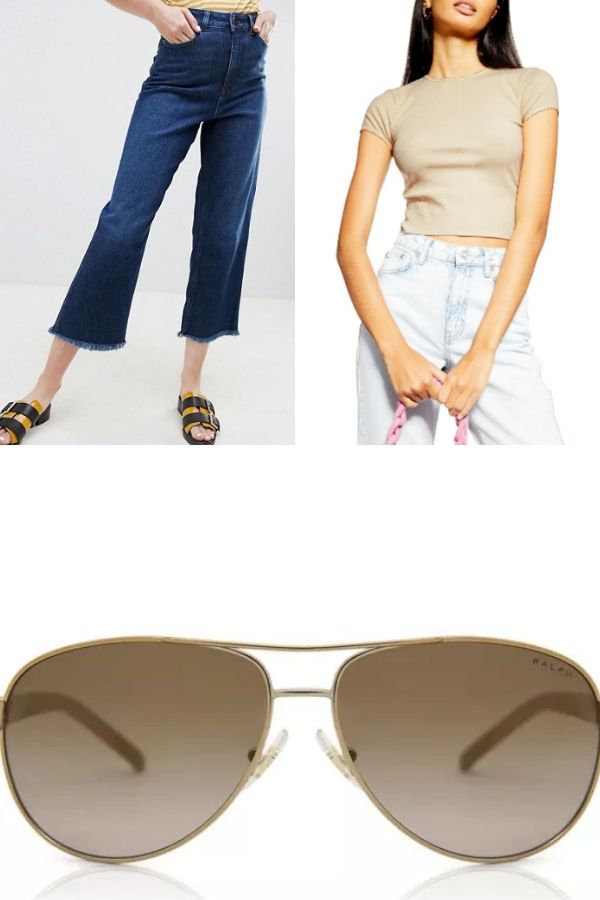 Outfit collage with jeans and crop tee and sunglasses