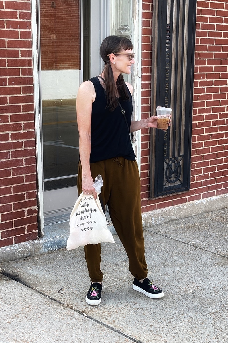 Blogger wearing jogger harem pants while running errands.