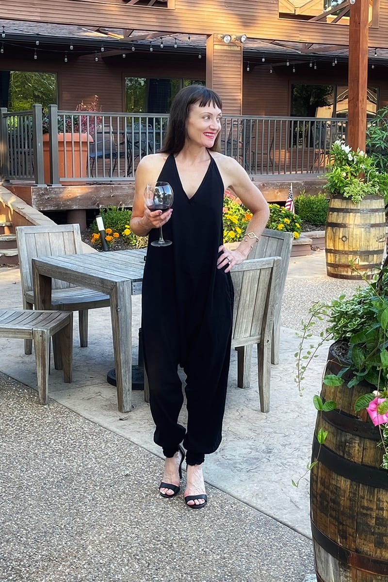 Blogger wearing Buddha Pants jumpsuit.