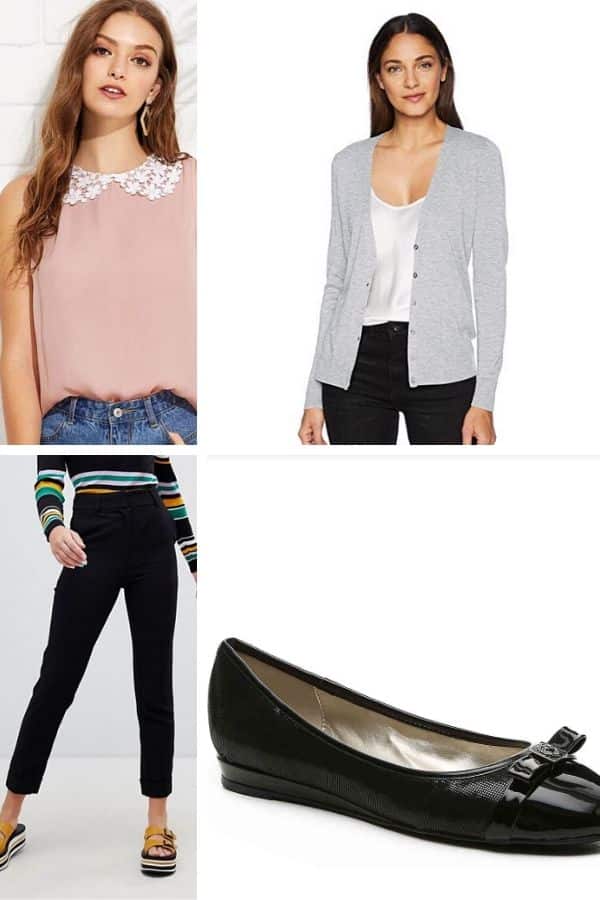 Outfit collage for jury duty: top, cardigan, slim fit trousers and ballet flats 