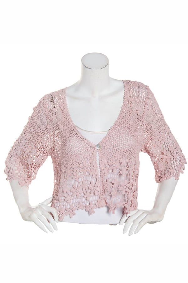 Pink lace shrug on mannequin.