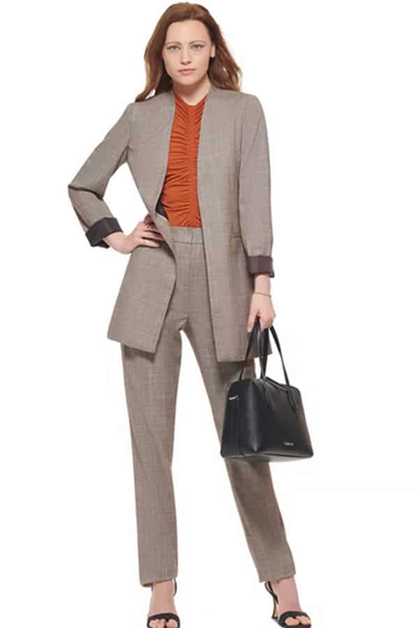 Model wears Calvin Klein women's suit from Macy's.