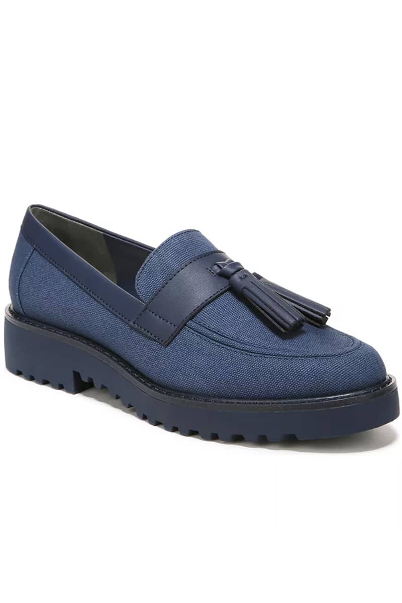 Navy blue women's chunky loafer with tassel.