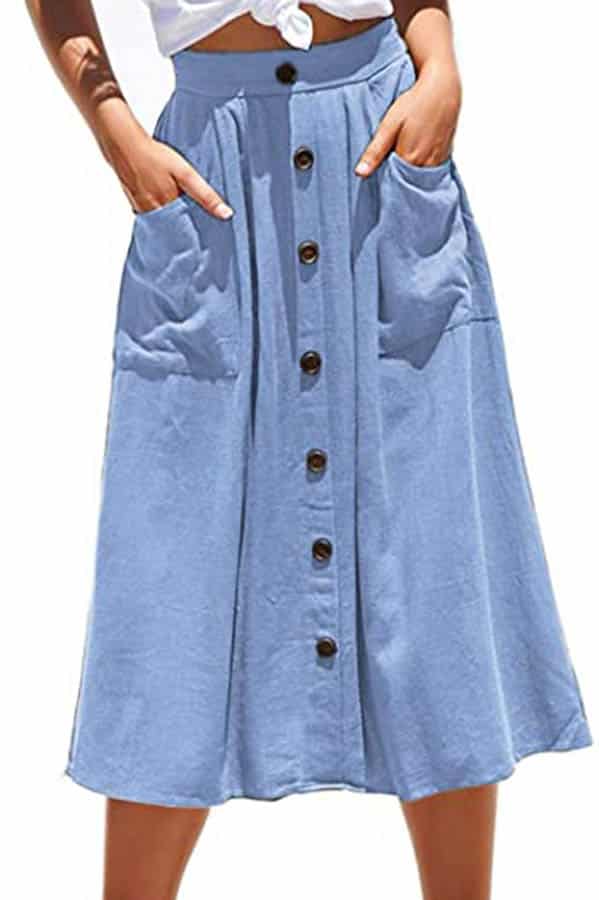 25 summer outfits on the cheap: Get 'em all for $200 10 Model wearing a-line midi skirt with buttons.