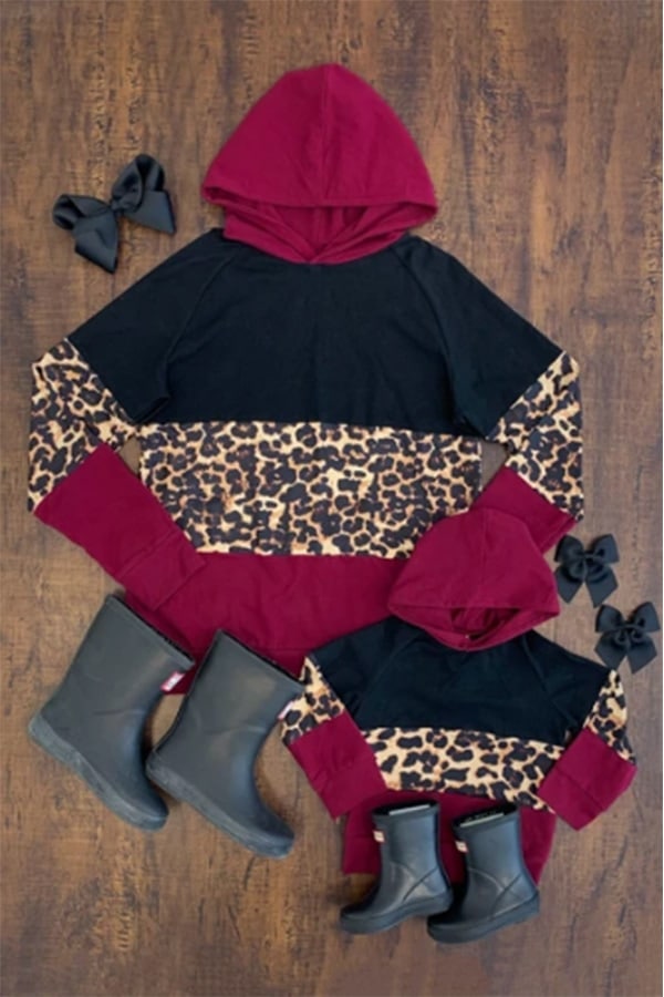 Burgundy and leopard hoodie in two sizes for mommy and me