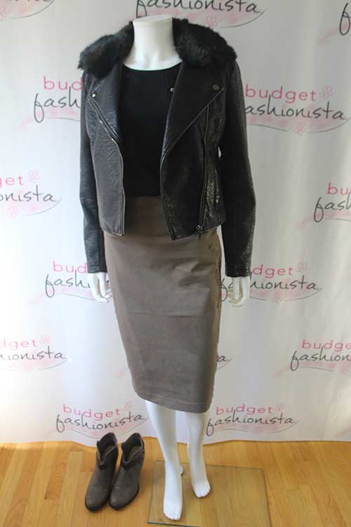 how to style a moto jacket - mannequin wearing a moto jacket with a midi skirt