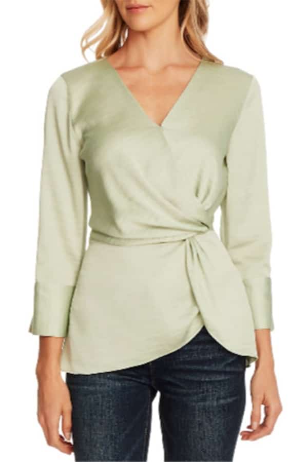 Green silky wrap blouse