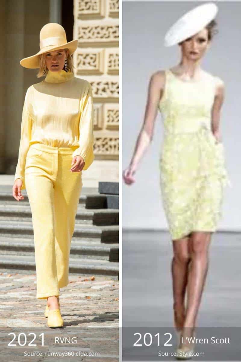 Side by side of 2021 yellow outfit and 2012 yellow outfit.