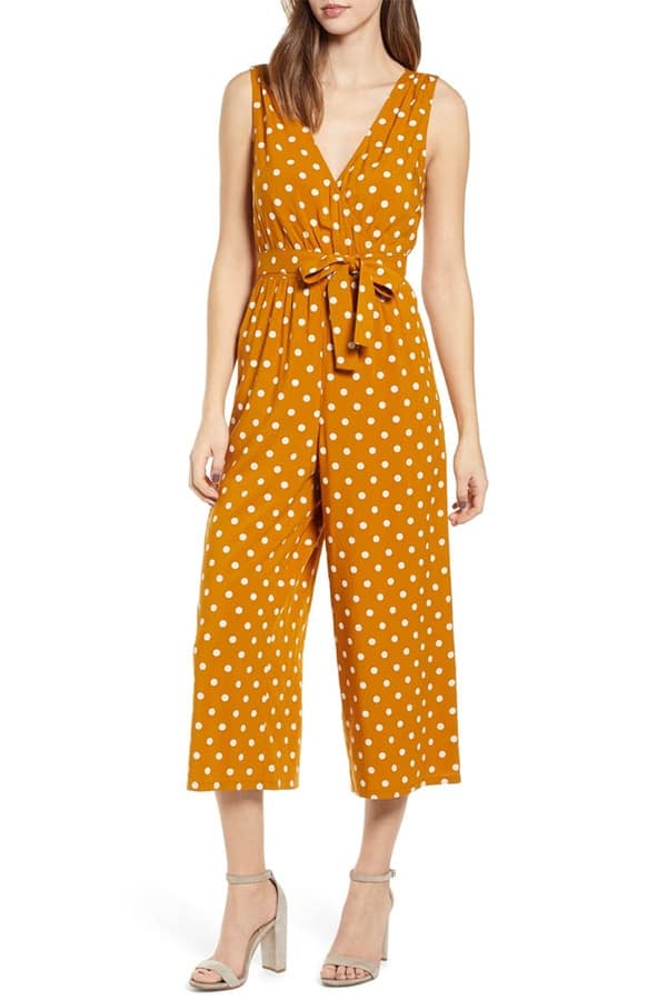 Yellow and white polka dot jumpsuit 