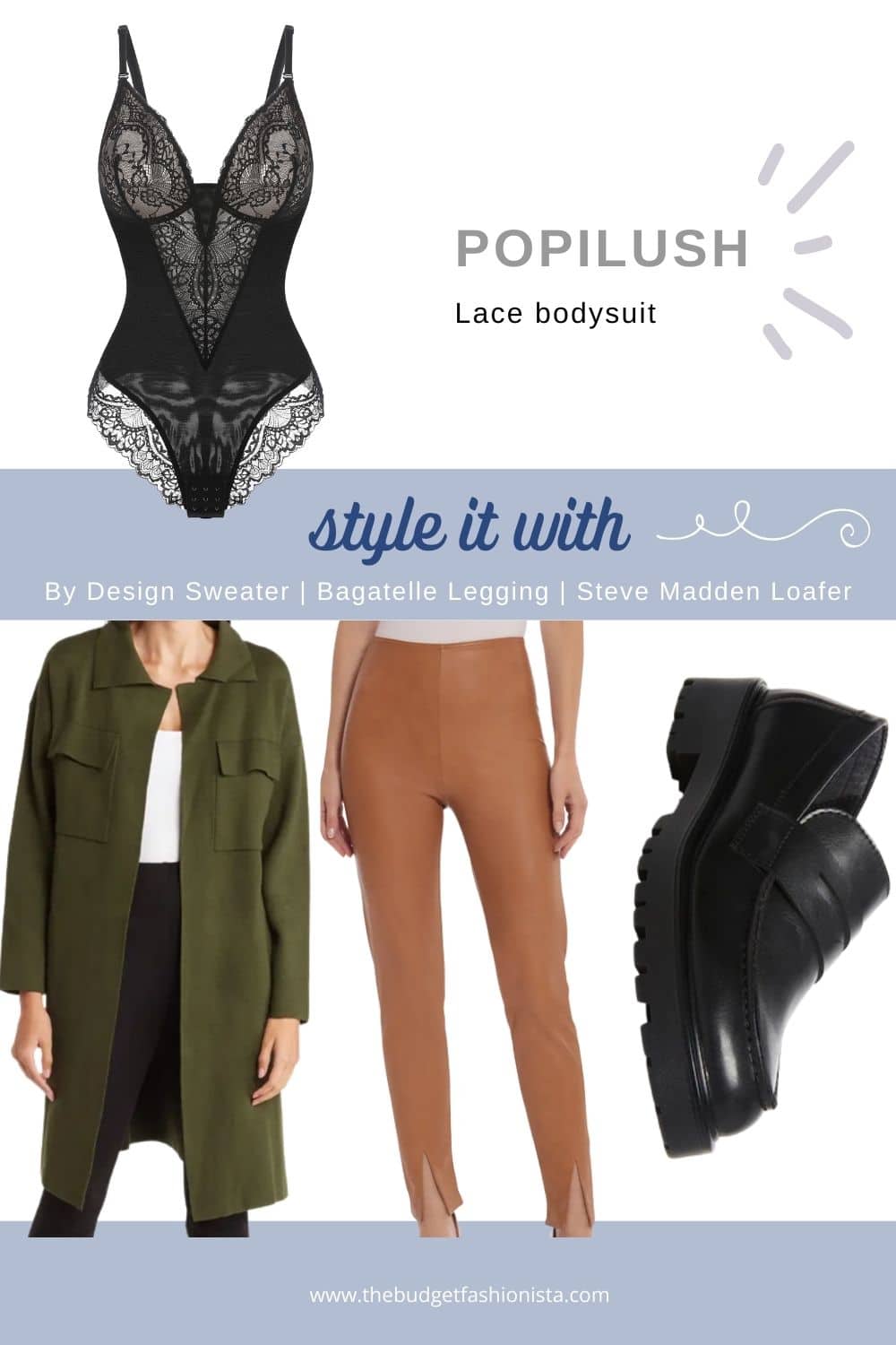How to style a bodysuit like an off-duty model 3 Outfit collage with lace bodysuit, sweater, leggings, and loafers.
