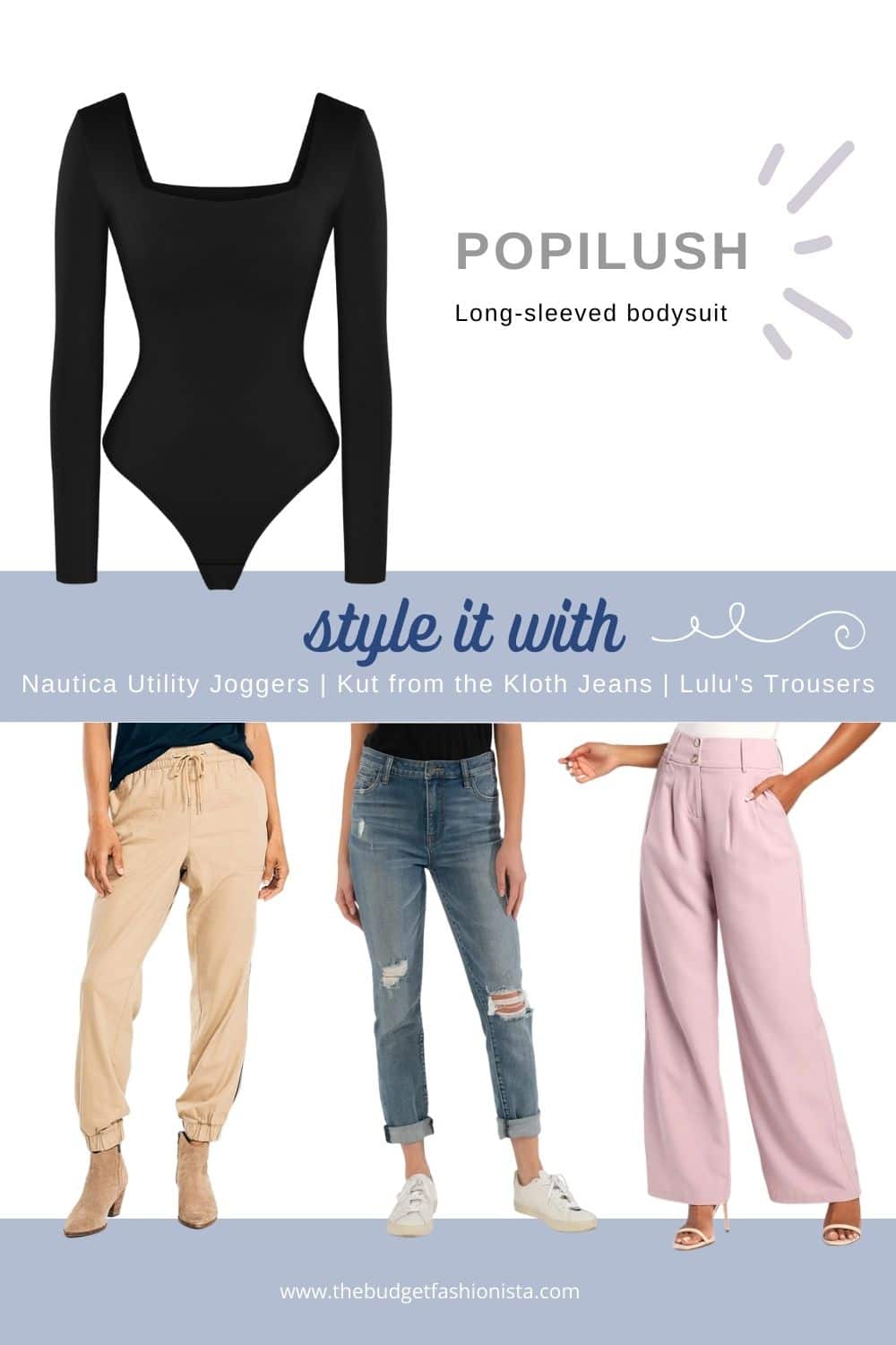 How to style a bodysuit like an off-duty model 2 Outfit collage showing how to style a bodysuit with joggers, jeans, or trousers.