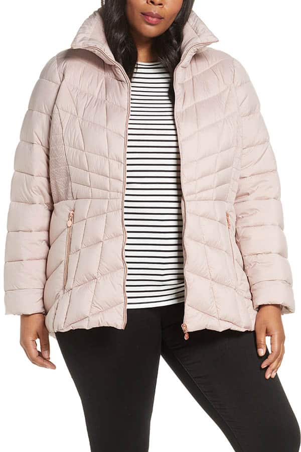 Puffer pink coat.