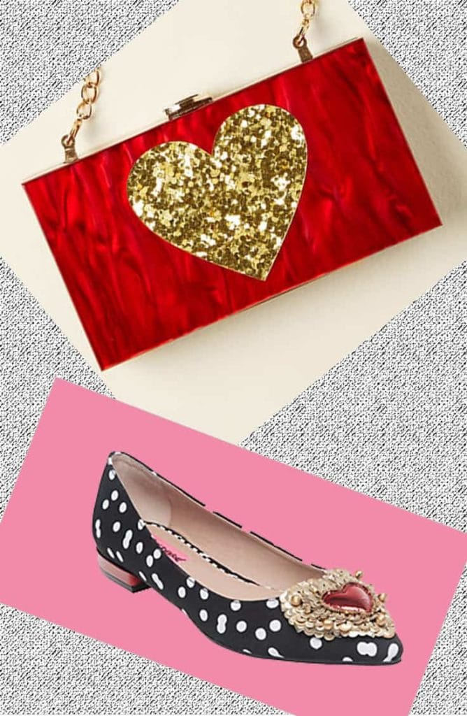 Polka dot flat and red clutch with gold heart