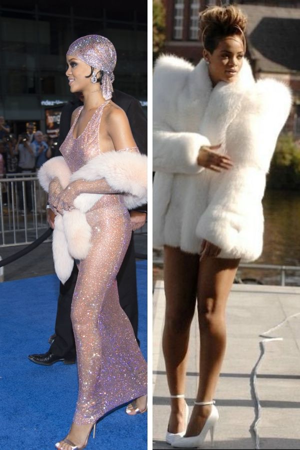 Collage of Rihanna wearing fur