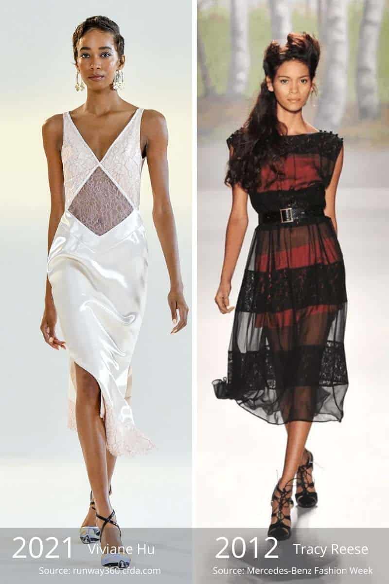 Old fashion trends vs. new ones -- side by side of 2021 sheer panel dress and 2012 sheer overlay dress.
