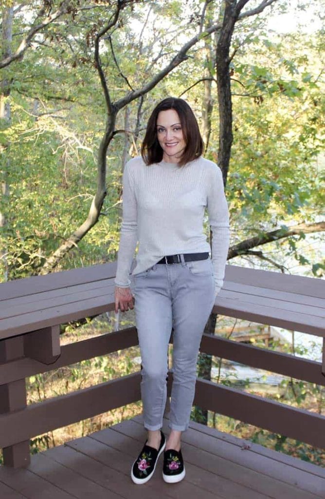 Monochrome outfit with statement sneakers
