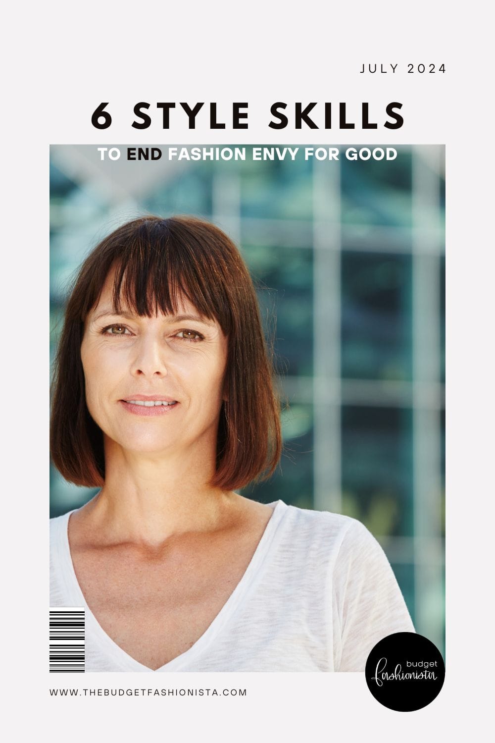 Woman with bob hair style and white top stands outside.