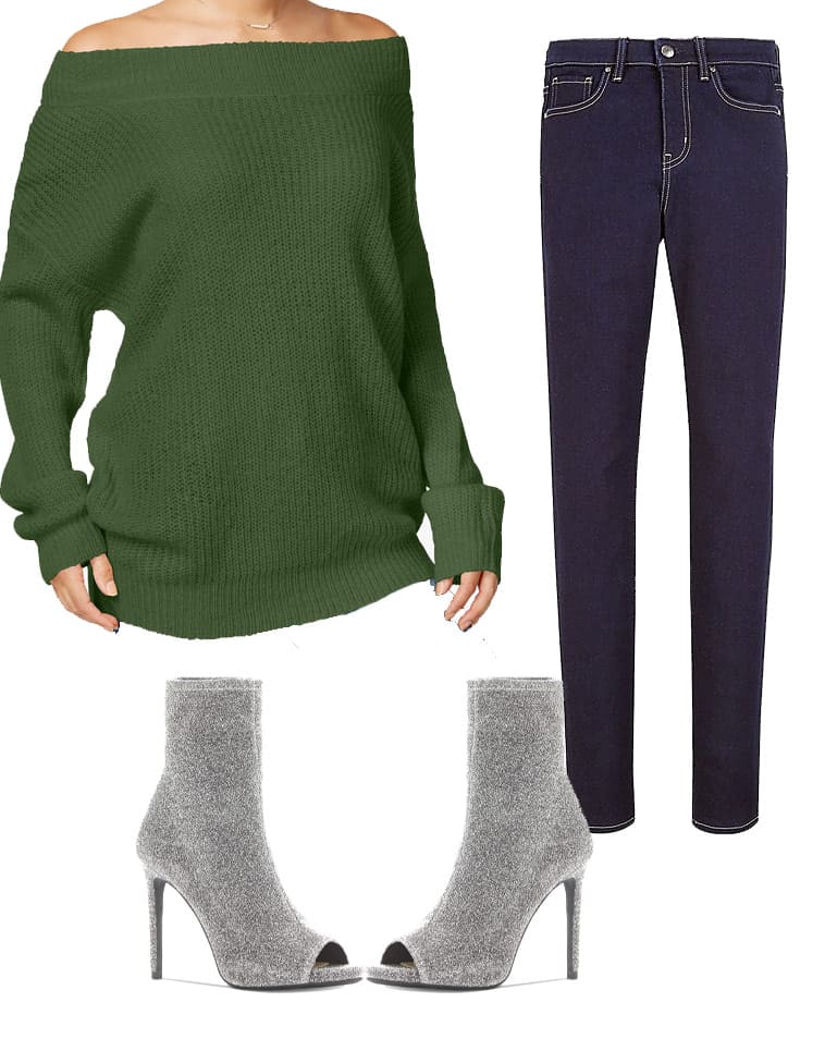 10 stunning ways to wear your open-toe booties 2 Off shoulder green sweater with dark wash skinny jeans and silver booties