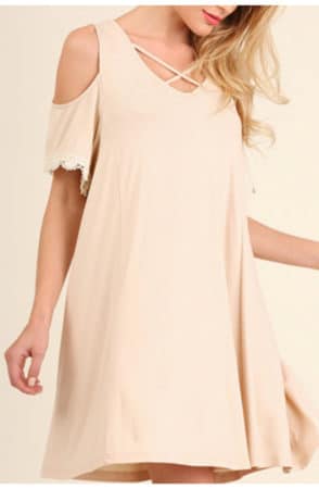 Beige swing dress with open shoulders and lace detail at sleeve 