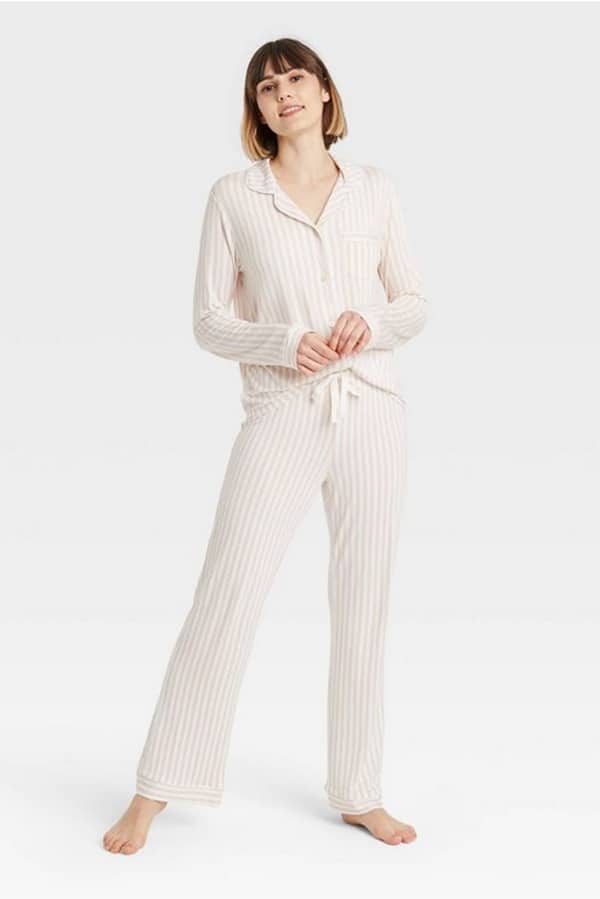 Model wears striped pajamas from Target.