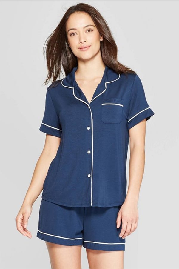 Model wears Target pajamas, a blue, two-piece short set.