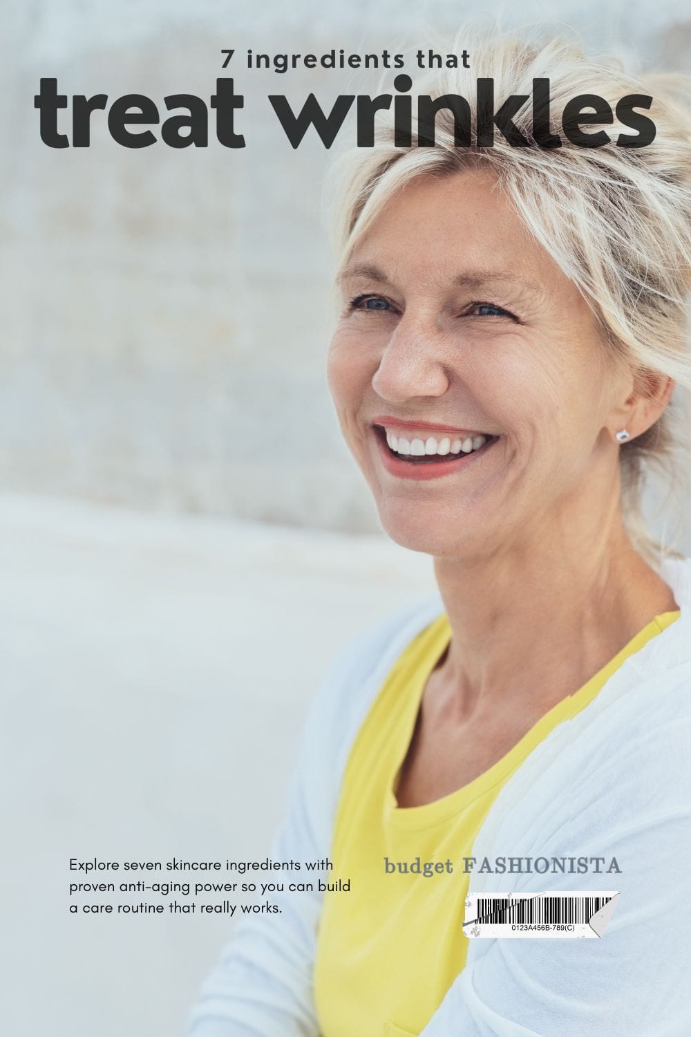 Smiling older woman with text overlay.